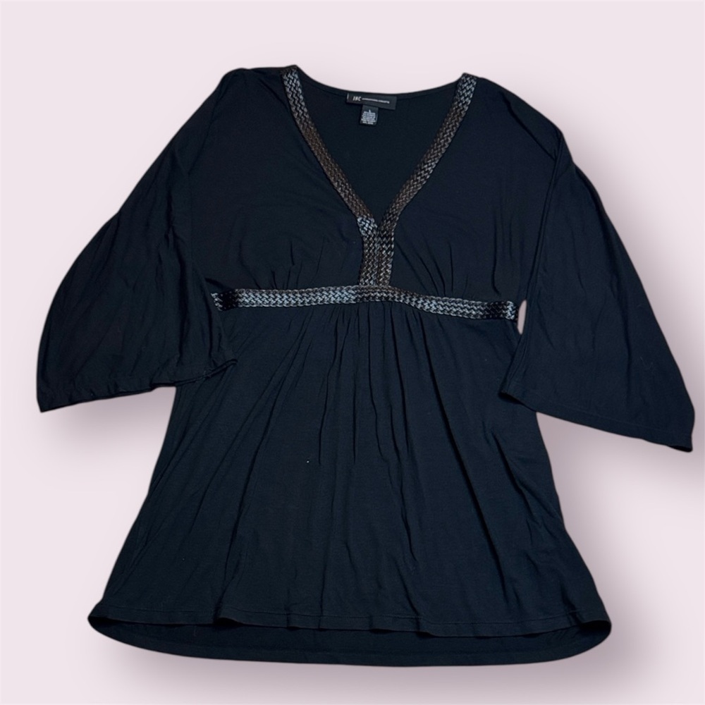 INC International Concepts Black Blouse with Braided Faux Leather Trim sz L